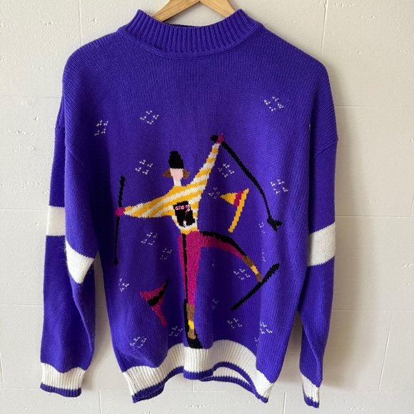 Sweaters - Vintage | Retro Vintage Purple Skier Knit Colorful Sweater | Mediun